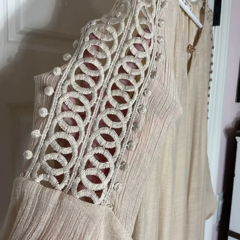 Indigo Rose Beige Crochet Bell Sleeve Lined Boho Peasant Cottage Hippy Tunic M - Picture 2 of 8